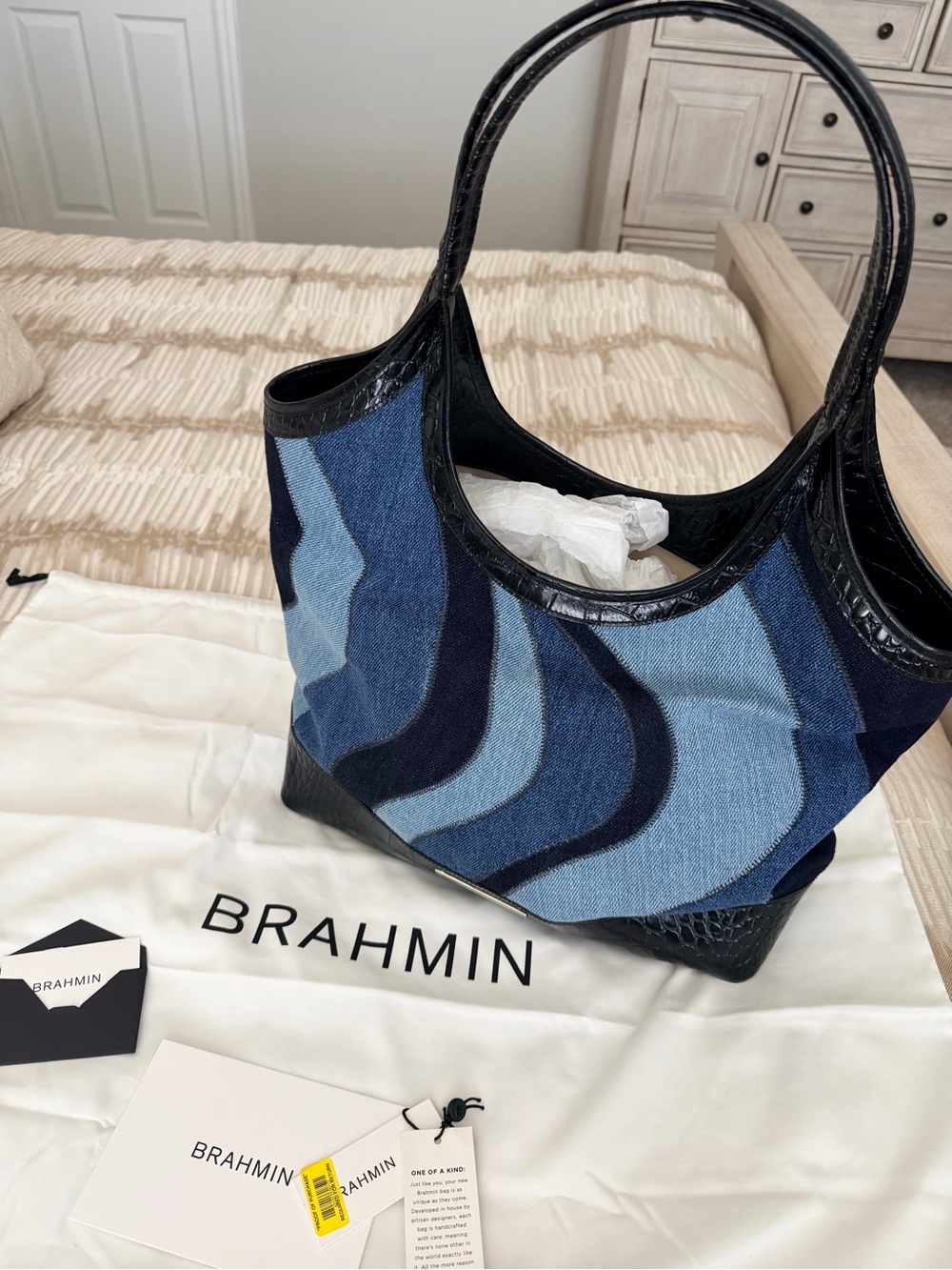 Brahmin lona Tote Bag purse denim patchwork Retro Blue new